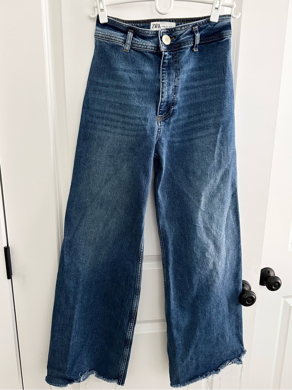 Zara The Marine Straight Wide-Leg High-Rise Blue Jeans in Dark Wash Denim